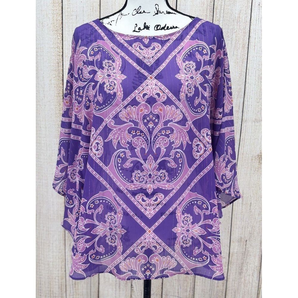 Bob Mackie Wearable Art Caftan Poncho Top Sz Medium Purple Pink Paisley Pattern